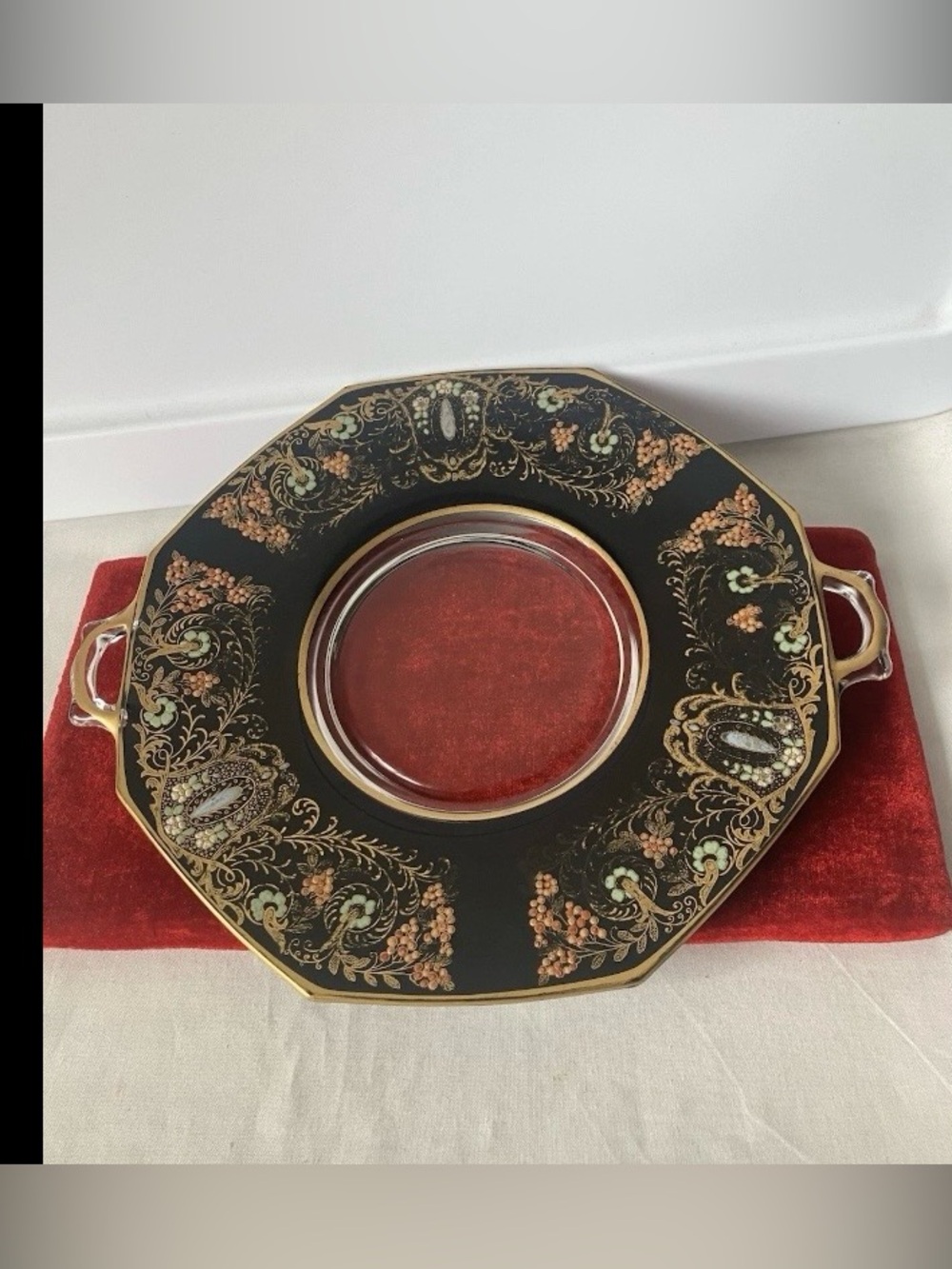 Vintage Octagon Black Two Handled Plate Hand Painted Colorful Flowers Gold.